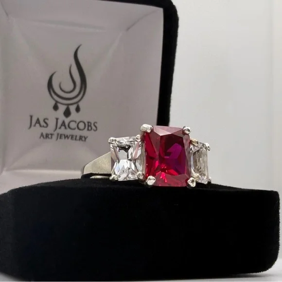 6ctw Lab Ruby Three Stone Ring White Sapphire Side Stones Size 7 - Picture 3 of 4